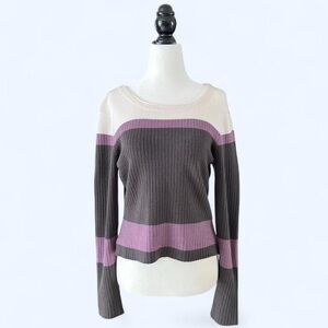 Accomplice Womens Grey Purple Striped Ribbed Long Sleeve Scoop Neck Sweater